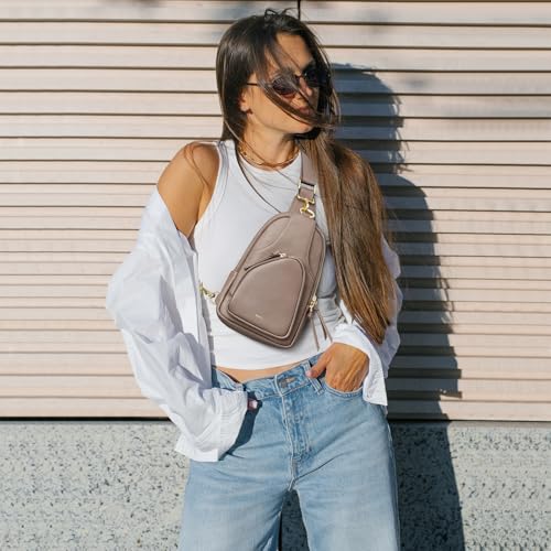 Kattee Sling Bag for Women, Leather Crossbody Bags for Travel, Khaki | Top grain pebbled cowhide leather fanny pack crossbody purse. Small chest bag with RFID blocking for travel. - color: Khaki