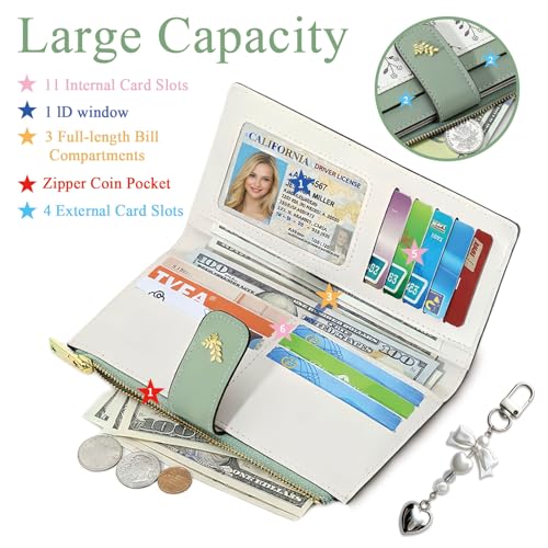 Women's Bifold Long Wallet, Slim & Thin RFID Blocking Floral Vegan Leather Card Holder with Bow Keychain (Green) - color: Green