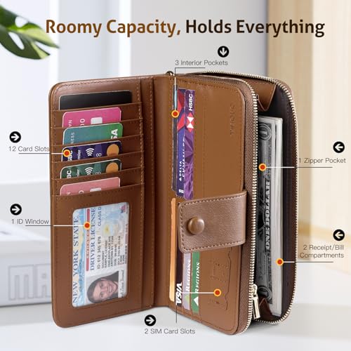 TiMOVO RFID Leather Wallet with Wrist Strap for Women, Beige + Brown | 12 Card Slots, Large Capacity Travel Purse, Anti-Theft RFID Blocking PU Leather, Portable Daily & Trip Use - color: Beige + Brown