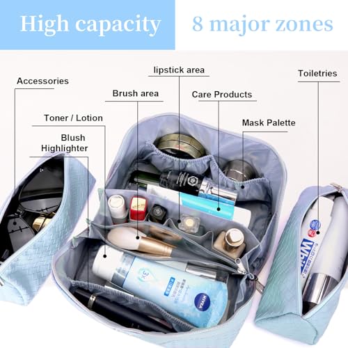BOYATU Travel Makeup Bag Cosmetic Bags for Women: 3 Pcs Set Make up Bag | Large Capacity Waterproof Vegan Leather Organizer Bags with Compartments - Lay flat Toiletry with Handle (L04 Light Blue) - color: L04 Light Blue