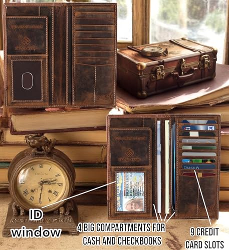 F&L CLASSIC Men's RFID Vintage Look Genuine Leather Long Bifold Wallet Checkbook Wallets,brown,240-83 - color: brown 83