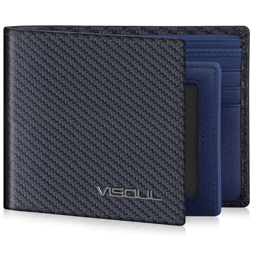VISOUL Leather Mens Bifold RFID Blocking Wallet with 2 ID Windows, Leather Wallet for Men (Carbon Fiber, Black+Blue) - color: Black+Blue