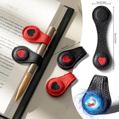 Ovesmusl 2Pcs PU Leather Heart Magnetic Bookmarks with Pen Holder | Red and black set with double-sided magnets, gift box included, for books, notebooks, magazines, readers and teachers - style: Heart (Red+Black)