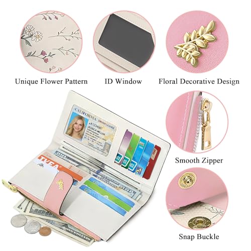 Women's Bifold Long Wallet, Slim & Thin RFID Blocking Floral Vegan Leather Card Holder with Bow Keychain (Pink) - color: Pink