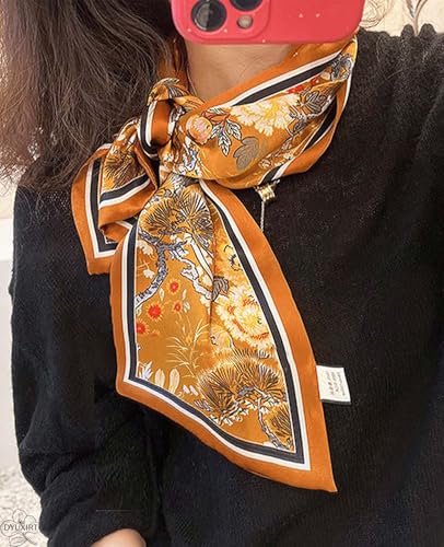 Head Scarf Purse Handle Neck Satin Hair Scarfs For Bag Lightweight Silky Long Thin Women's Fashion Scarves 59 * 5.9” - color: H23-orange-colored Large Flower(59*5.9inch)