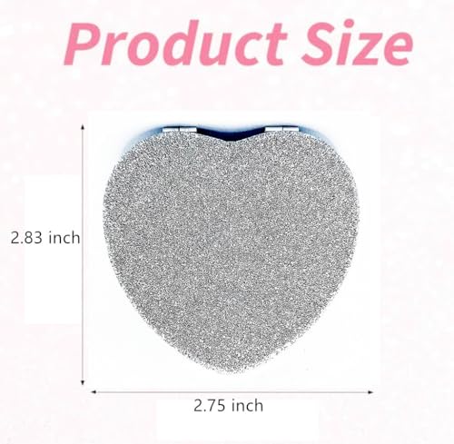 Cute Heart Shaped Compact Mirror for Purse,Silver Travel Mirror with Glitter,Leather Small Pocket Mirror,Portable 2 x 1x Magnification Folding Makeup Mirror,Cosmetic Mirror for Gift - color: Silver-heart Shape