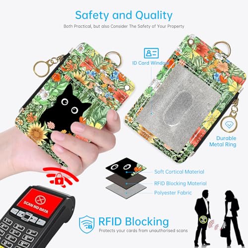 2-in-1 ID Badge Holder & Lanyard Wallet，Cute Zippered Pouch Cat Flowers | for Teachers,Nurse,Professionals，Removable Wristlet & Neck Lanyard,5 Card Slots Stylish Work Essential - color: Cat Hidden Among the Flowers