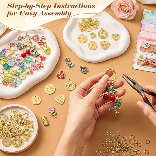 Ecoofor 613 PCS Charms Lip Gloss Keychain Making Kit, Bag Charm Kit with 178 Charms, 25 Keychain Clips & Extender Chains, Jewelry Pliers, Gift Bags & DIY Keychain Craft Supplies - color: Gold-613Pcs Kit