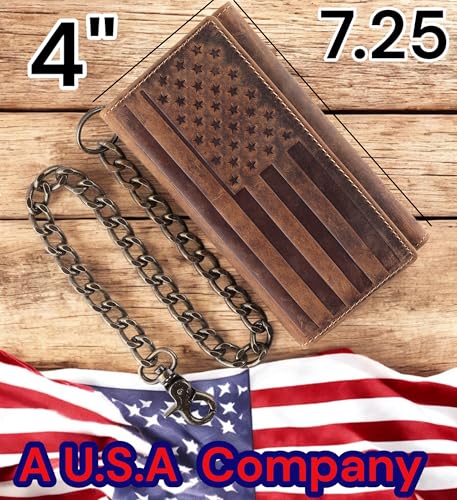 F&L CLASSIC RFID Blocking Mens Tri-fold Long Style Cowhide Leather Steel Chain Wallet,brown flag,212-100 - color: brown with flag