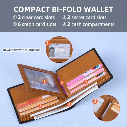 VISOUL Mens Carbon Fiber Leather Bifold Wallet with 2 ID Windows, RFID Blocking Stylish Wallet for Men with 2 Cash Compartments (Black+Yellow) - color: Black+Yellow