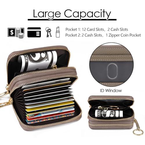 imeetu Rfid Credit Card Holder, Businese Card Case, Wallet for Women Men | Genuine Leather Card Wallet with id Window, Keychain & Double Zipper, Water-resistan Small Wallet with Gift Box, Daily Travel - color: Max - Grey