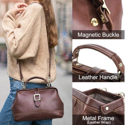 CONTACTS Full Grain Leather Doctor Purse Bag for Women Top Handle Bag Vintage Handbag Shoulder Bag - color: Red Brown
