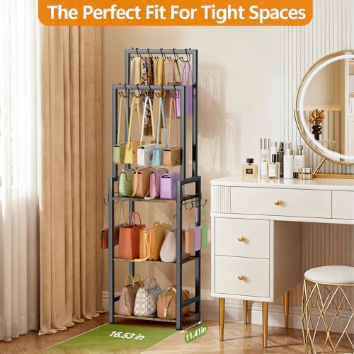 Tall Purse Organizer with Double Rods: Visible Backpack Handbag Storage | Purse Rack Stand with 10 Purse Hanger & 6 Side Hooks,Space-Saving Bag Organizer Rack for Home, Closet, Small Space,Black - color: Black, size: 3 Tier