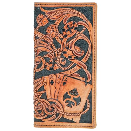 HOOEY Gambler Tan Leather Rodeo Wallet - Playing Card Embossed Genuine Leather, Western Checkbook Wallet with ID Window & 6 Card Slots, Long Bifold Cowboy Wallet for Men - color: Gambler - Tan/Brown