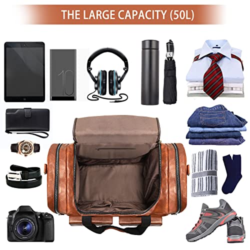BOLOSTA Travel Duffel Bag for Men Women, Large PU Leather Carry on Duffle Bags for Traveling, Waterproof Overnight Weekender Duffel Bag with Shoe Compartment - Perfect for Daily Use/Birthday Gift - color: Brown