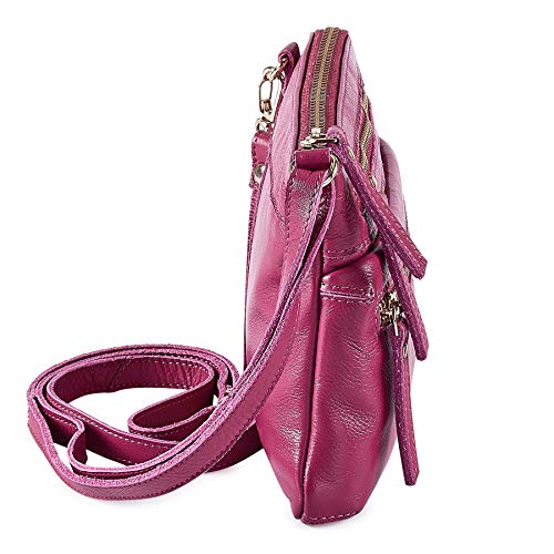 Small Leather Crossbody Bag for Women Adjustable Sling Purse Multi Pocket | Genuine Top Grain Leather, 4 Zip Pockets, Cross Over for Travel, Gift for Women, Phone Pocket - color: Fuchsia Pink Nappa