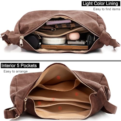 Hobo Bags for Women Foldable Shoulder Handbag CrossBody Purse | Adjustable Strap, 6 organized pockets, Crescent Tote Bag, Cute Slouchy Underarm Bag, Fits 12.9" iPad Pro - color: Brown