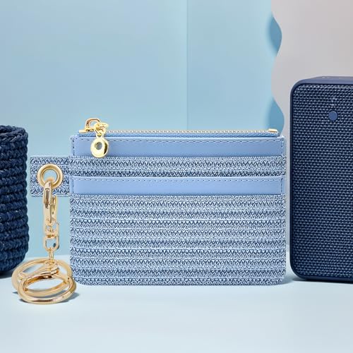 M-Plateau Key Chain Wallet for Women, Animal Print PU Leather Wallet | Eyelet Blue Credit Card Holder with ID Window, Zipper Pocket, Detachable Key Ring & Wristlet Strap - color: Eyelet Blue