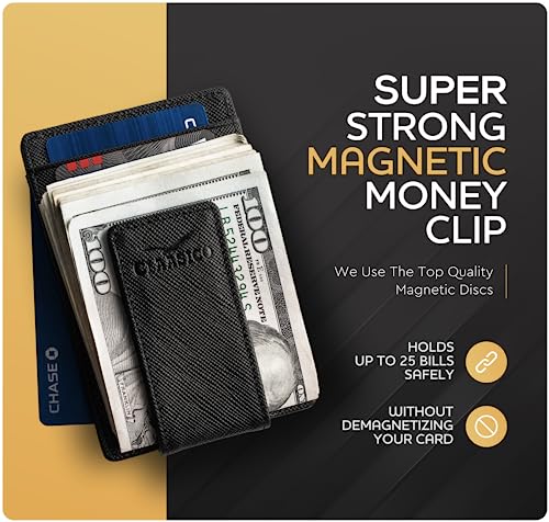 Claasico Men’s Leather Money Clip Wallet – Slim Front Pocket Wallet w/Super Strong Magnetic Clip, RFID Blocking, 5 Card Slots & Center Pocket + ID Window - color: Crosshatch Black
