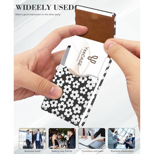 2Pack Leather Stainless Steel Business Card Holder, Metal Slim Business Card Case for Women or Men, Pocket Business Card Carrier with Prints, Magnetic Closure, RFID Blocking - color: Petals-White