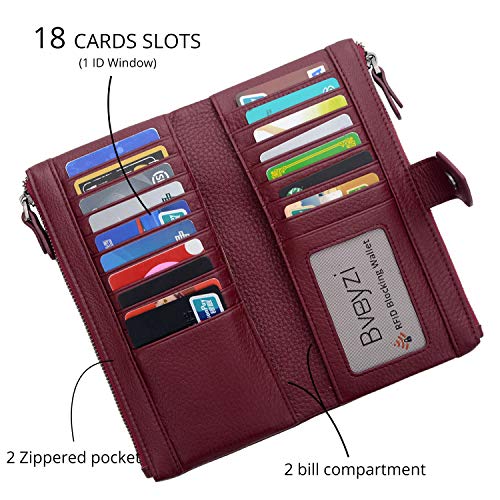 Bveyzi Women Soft Leather RFID Blocking Bifold Slim Wallets Ladies Credit Card Holder Double Zipper Pocket - color: Wine Red
