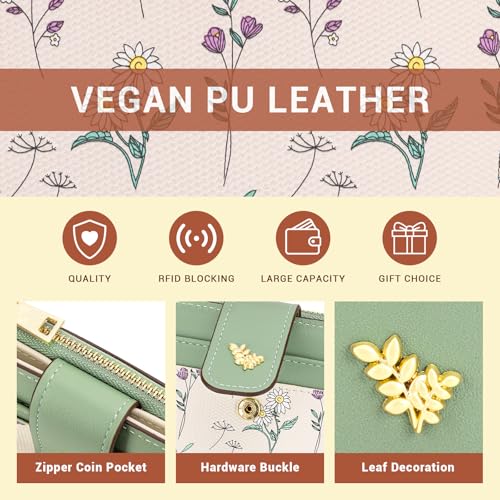YINHEXI Women’s Wallet, Compact and Small Bifold PU Leather Card Holder, Mini Purse with Coin Pocket for Ladies, Girls (Floral Green) - color: Floral Green