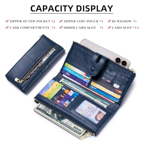 Large Capacity Wallets for Women Soft Leather RFID Blocking Long Wallet Ladies Bifold Clutch Purse Credit Card Holder with Double Zipper Pocket ID Window,Navy Blue - color: NavyBlue