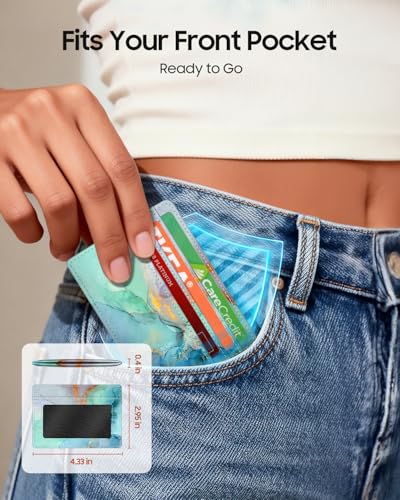 FINTIE Slim Minimalist Front Pocket Wallet RFID Blocking Credit Card Holder | Card Cases with ID Window for Men Women, emerald marble - color: emerald marble