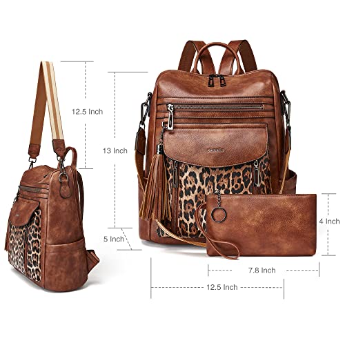 Backpack Purse for Women Fashion Leather Backpack Purse Designer Travel Backpack Convertible Shoulder Bag with Wristlet - color: 1-9 Brown With Leopard
