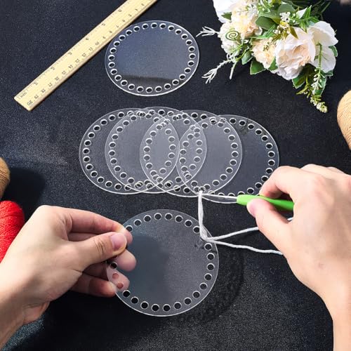 CRASPIRE 6Pcs Acrylic Crochet Basket Bottom Weaving Board 4 Inch Round Clear Front Back Panel Board Knitting Shaper Bag Making Supplies Pad Round Circle with Holes for DIY Crochet Handbag Accessories