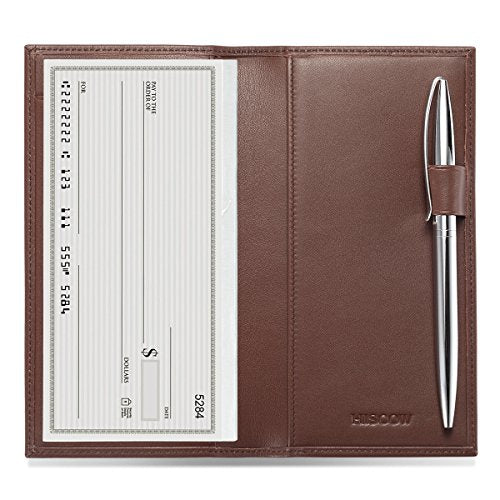HISCOW Leather Checkbook Cover for Duplicate Checks with Pen Holder - color: Brown