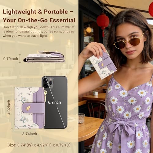 YINHEXI Women’s Wallet, Compact and Small Bifold PU Leather Card Holder, Mini Purse with Coin Pocket for Ladies, Girls (Floral Lavender) - color: Floral Lavender
