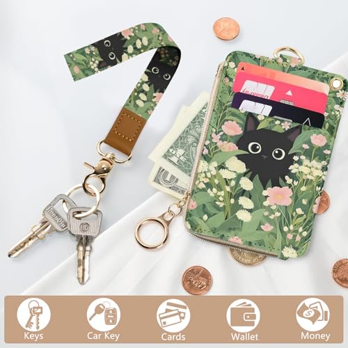 bolimoss Black Cat Lanyard Wallet with Id Badge Holder, Cute Flower Zippered Coin Pouch Credit Card Holder, Women Small Wallet with Removable Wristlet & Neck Lanyard, 5 Card Slots, Ring Keychain - color: Cute Black Cat Floral