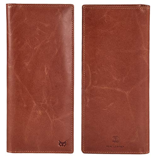 Long Wallet for Men Women Leather Slim Bifold RFID Blocking Card Holder | Real Top Grain Leather, Stylish 18 Credit Card Slots, 2 ID Windows, 2 Currency Sleeves, Gift Box, (Cognac, Wax Pull Up) - color: Cognac Wax Pull Up