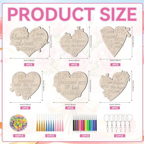 Cinrobiye 24 Set Christian Mother’s Day DIY Wooden Keychain Craft Kit, Faith-Inspired Bulk Gifts, Sunday School Craft Activity Set with Pens, Tassels & Beads - style: Religious Mom