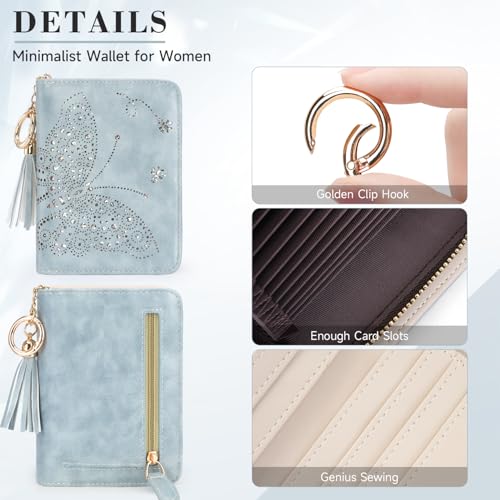 KITEVIUN Women RFID Blocking Small Bifold Wallet, Compact Cash Clutch with Zipper Coin Pocket, Glittery Butterfly Design, Credit Card Holder, Travel Purse with Tassel BLUE - color: 02-BLUE