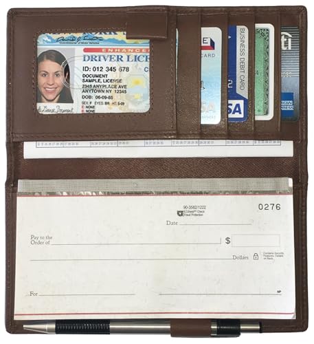 RFID Leather Checkbook Cover With Credit Card Slots and Pen Holder - color: Walnut
