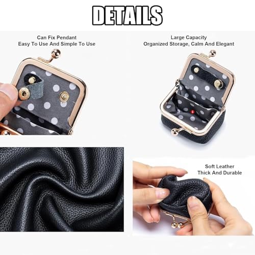 Genuine Leather Mini Jewelry Box for Women, Travel Jewelry Case & Coin Purse with Kiss Lock, Holds Earrings, Rings, Necklace, Bracelet, Ideal Gift for Her (Black) - color: Black - 2.5in