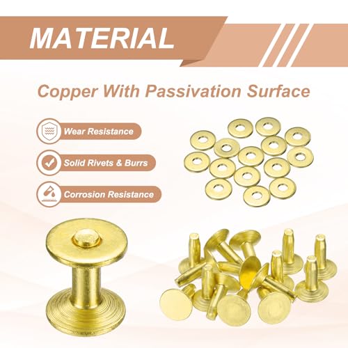 HARFINGTON 15Set Brass Rivets and Burrs Washers 9x3.3x12mm Polish Finish Solid Leather Rivet Fastener Studs Posts for Leather DIY Craft Belts Wallets Collars, Gold Yellow - color: Gold Yellow, size: 9x3.3x12mm