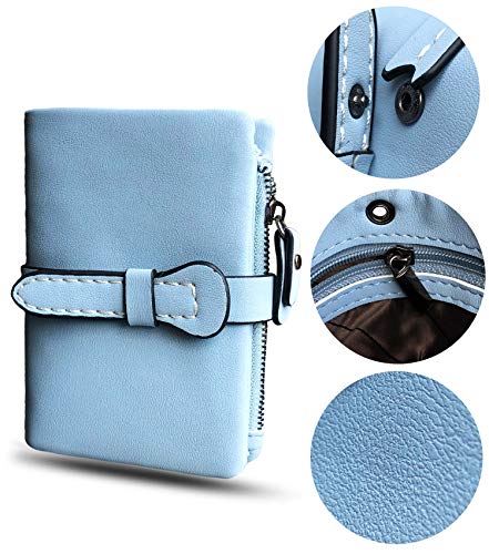 AOXONEL Women's Small Bifold Leather wallet Rfid blocking Ladies Wristlet with Card holder id window Coin Purse - color: Light Blue3