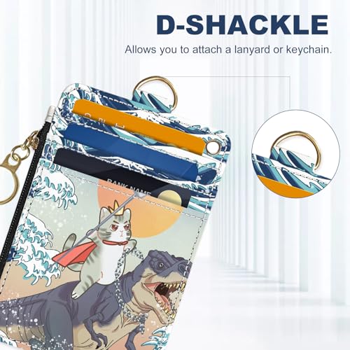 Slim Wallet Credit Card Holder, Cat and Dinosaur, RFID Wallet Women Cute Small Front Pocket Wallet With Zipper, PU Leather Thin travel RFID Blocking Card Case ID Window ,Ladies Gifts - color: Cat and Dinosaur