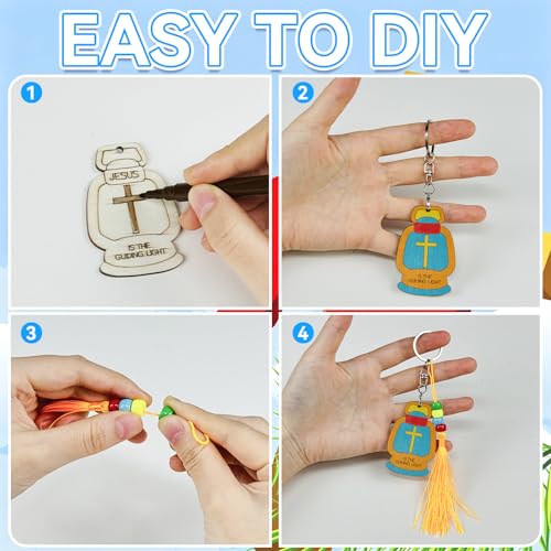 Cinrobiye 24 Set Christian Crafts Jesus Lights The Way Keychain Craft Kit Bulk DIY Bible Verse Wooden Paint Keychains with Color Pens VBS Gift for Sunday School Church Activitiy Religious Party Decors - style: Light