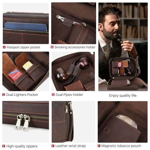 Hiram Leather Pipe Storage Box for Men Travel Smoking Accessories Organizer Case with Dual Pipe Holders Lighters Pockets Tobacco Pouch Portable Full Grain Leather Carrying Bag for Smoker Supplies