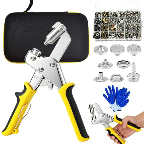 Fesorsi Heavy Duty Snap Fastener Tool, 100 Sets 15mm Metal Fasteners Buttons with Gloves, Storage Bag & Snap Box, Snap Button Kit for Boat Cover, Canvas, Leather, Tarps, Sewing & DIY Crafts