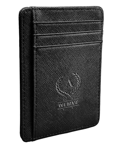 Personalized Initial Card Wallet - Deep 3D Embossed Floral Leather Slim RFID Blocking Holder, Ultra-Thin 0.54cm Custom Monogram Gift for Men & Women (A,Onyx Black) - color: Onyx Black