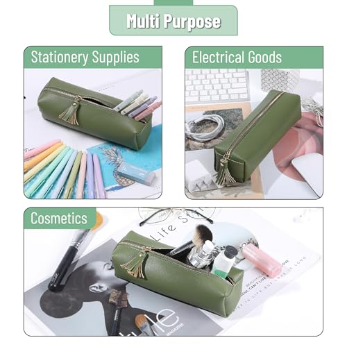 Mr. Pen- PU Leather Pencil Case, Green | Pencil Case Small Pencil Pouch Aesthetic Pencil Cases - color: Green