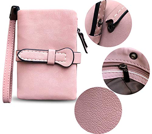 AOXONEL Women's Small Bifold Leather wallet Rfid blocking Ladies Wristlet with Card holder id window Coin Purse - color: Pink3