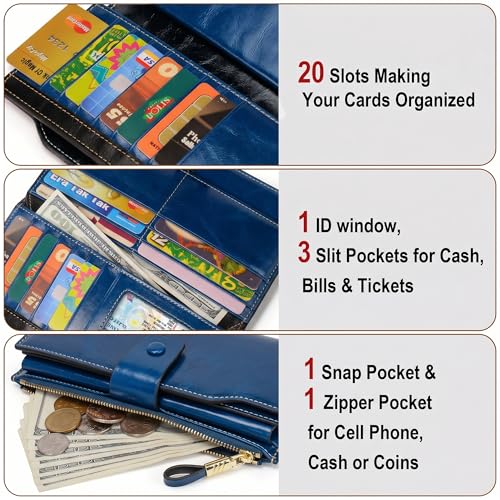YALUXE Women's RFID Real Leather Wallet with 21 Card Slots Phone Pocket - color: 4- Waxed Blue, size: Genuine Leather