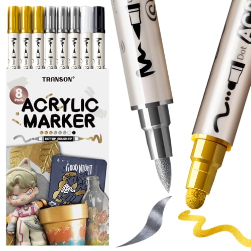 TRANSON 3 Gold, 3 Silver, 1 Black and 1 White Paint Markers Brush and Bold Dual-tip Acrylic Paint Marker Set for Rock Painting Glass Canvas Wood Leather Ceramic Painting - style: Bold and Brush 3 Gold 3 Silver 1 Black and 1 White