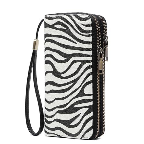 Women Leather Wallet Crossbody Shoulder Bag with Double Zipper and Mobile Phone Purse with Shoulder Strap - color: QB393-Zebra pattern